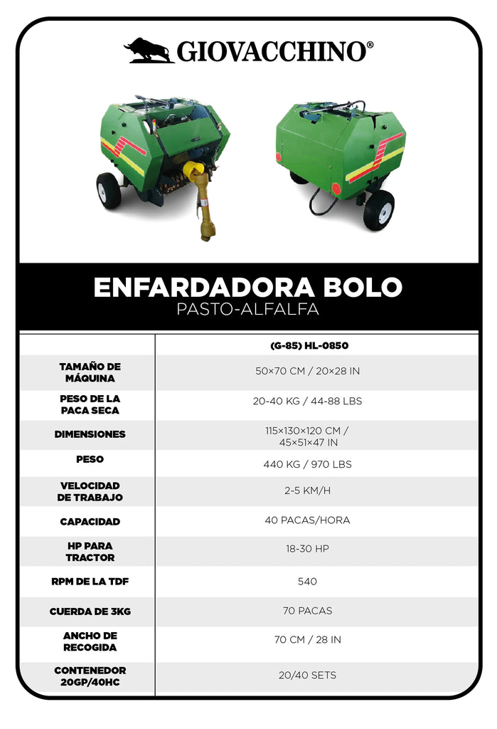 Enfardadora Bolo Pasto Alfalfa 50x70cm 18a30HP Tractor Giovacchino